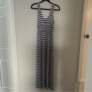 Puella for Anthropologie Blue and Heather Grey Striped Maxi Dress